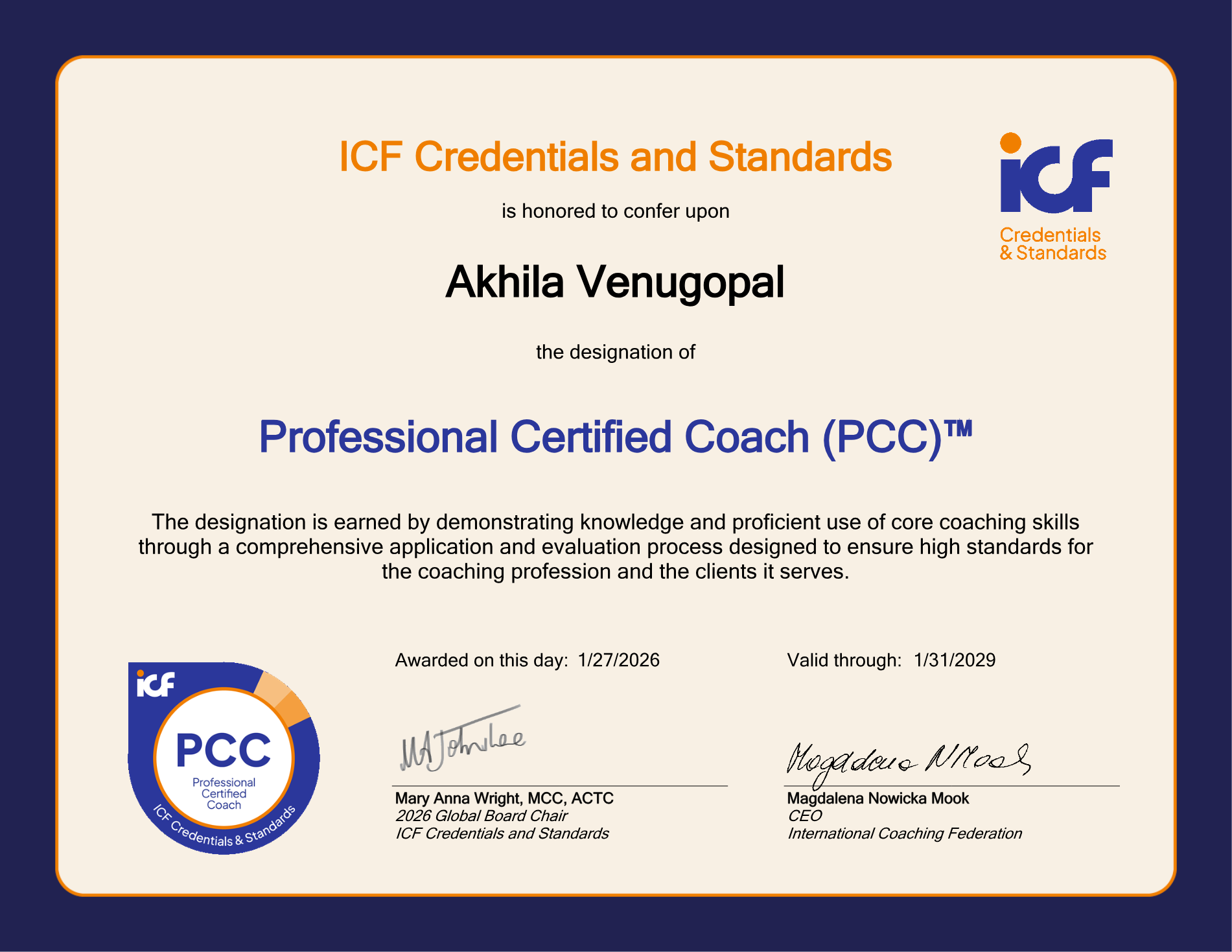 Clear preview of Akhila's PCC certification